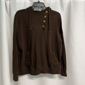 Lauren Jean Co. Women’s Brown Shoulder Snap Hoodie Sweatshirt. Large Y2K Crest